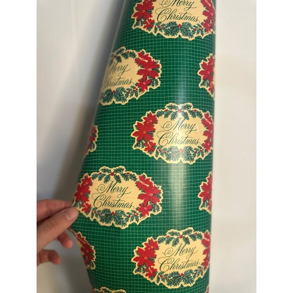 VTG Merry Christmas Wrapping Paper Roll With Festive Poinsettia Design Holiday - Picture 5 of 7